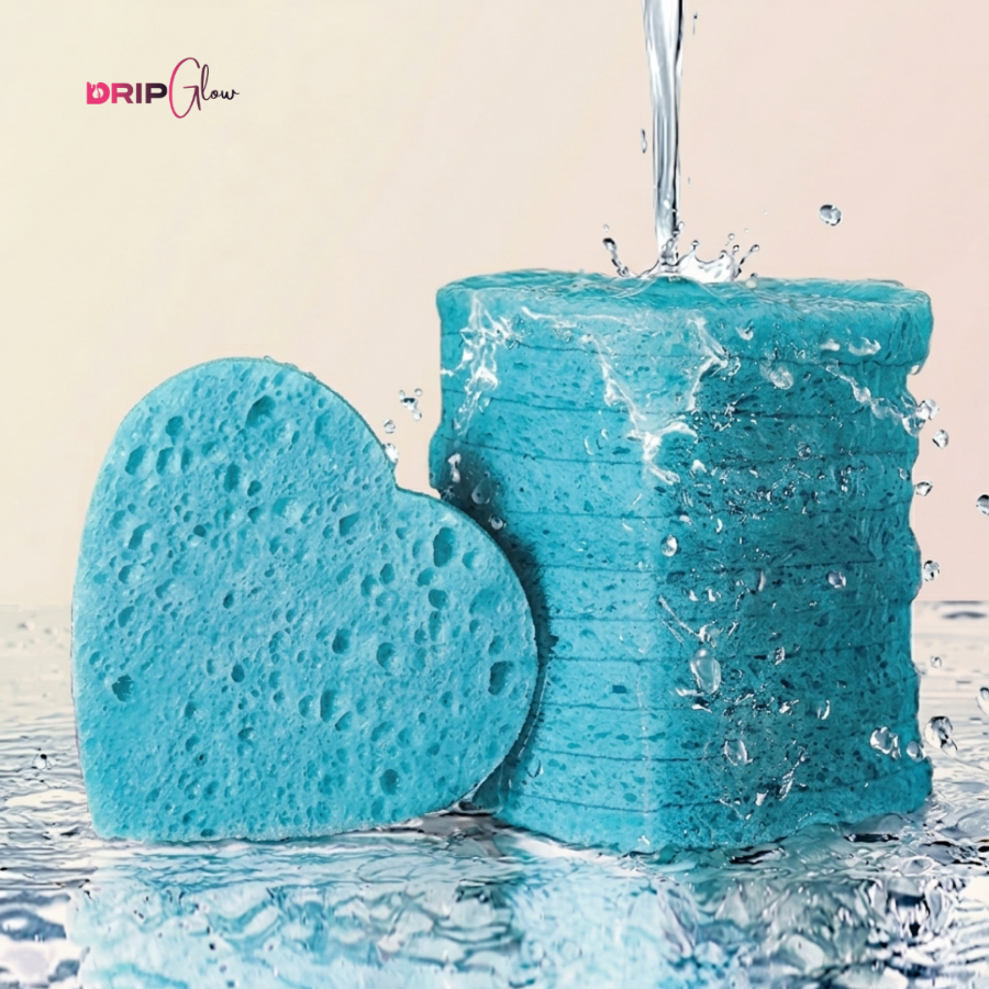 Drip Glow Heart-Shaped Facial Cleansing Sponges – 50 Count Compressed Makeup & Face Wash Pads