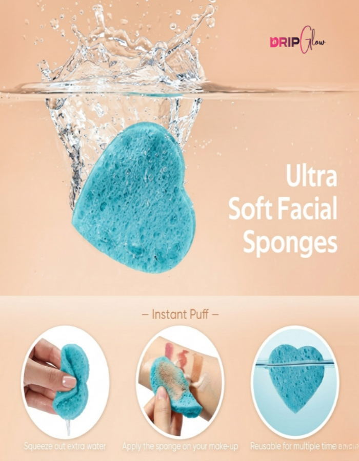 Drip Glow Heart-Shaped Facial Cleansing Sponges – 50 Count Compressed Makeup & Face Wash Pads