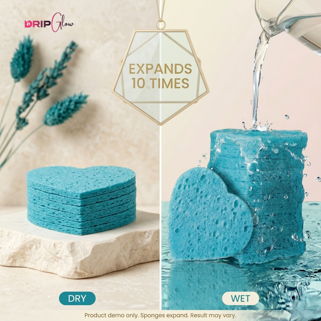 Drip Glow Heart-Shaped Facial Cleansing Sponges – 50 Count Compressed Makeup & Face Wash Pads