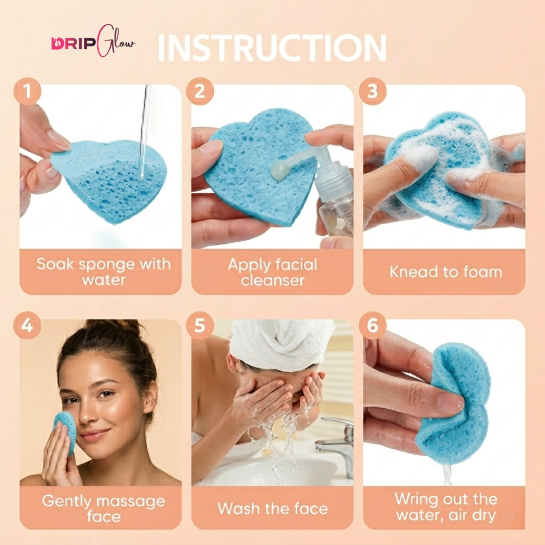 Drip Glow Heart-Shaped Facial Cleansing Sponges – 50 Count Compressed Makeup & Face Wash Pads