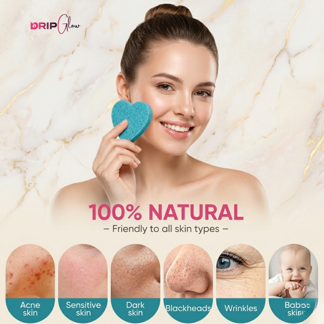 Drip Glow Heart-Shaped Facial Cleansing Sponges – 50 Count Compressed Makeup & Face Wash Pads